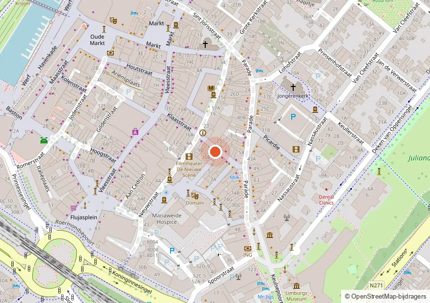 Kaart met de locatie van Kaas & Kaasjes aan de Klaasstraat 42 in het centrum van Venlo
